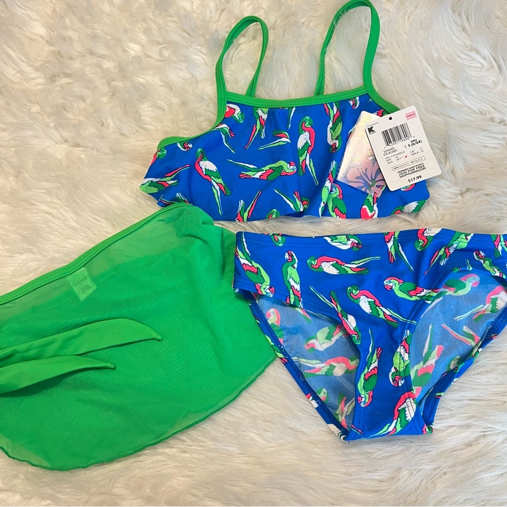 Joe Boxer Parrot Print 3 Piece Swimsuit Girls Size Small 6/6X Blue Green